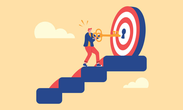 Business goals, work to achieve targets, business people are unlocking the key to success which is illustrated with a bullseye.