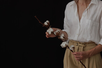 female hands hold a branch of cotton flowers on a dark background with space for text - Powered by Adobe