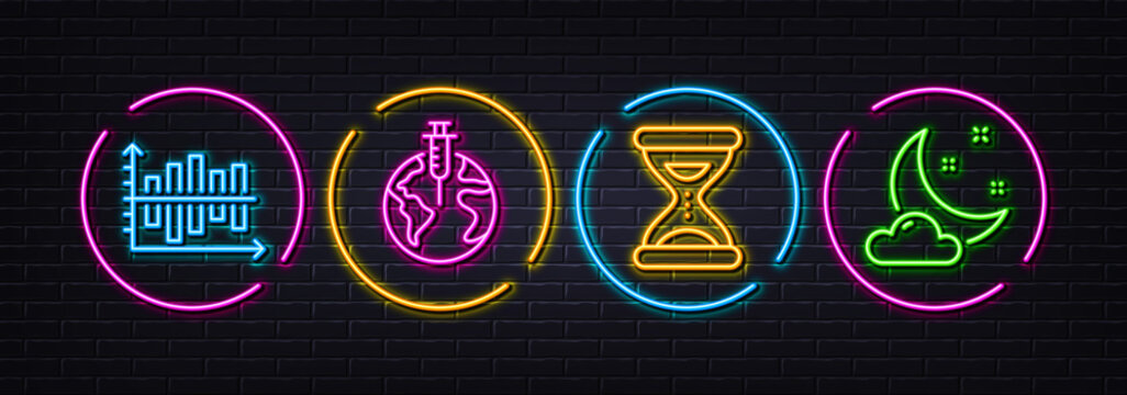 Diagram chart, Pandemic vaccine and Time minimal line icons. Neon laser 3d lights. Night weather icons. For web, application, printing. Presentation graph, Coronavirus vaccination, Clock. Vector