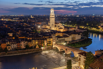 Fototapeta na wymiar aerial night view of the Pietra bridge and the cathedral of Verona
