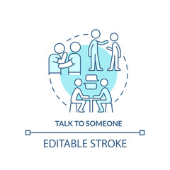 Talk to someone turquoise concept icon. Help student with mental illness abstract idea thin line illustration. Isolated outline drawing. Editable stroke. Arial, Myriad Pro-Bold fonts used