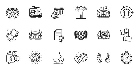 Outline set of Fitness calendar, Arena and Timer line icons for web application. Talk, information, delivery truck outline icon. Include Winner cup, Dumbbells workout, Change clothes icons. Vector