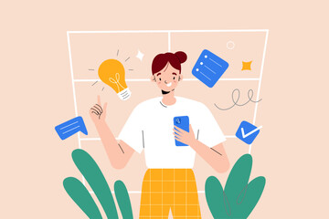 Young woman has an idea, raises her finger, takes a note to remember her solution, types her thoughts, uses note-taking app on her smartphone, floating lamp icon, vector characters illustration