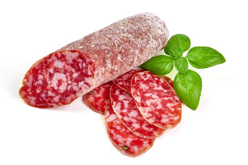 Cured salami sausage, Italian sausage with mold, isolated on white background.