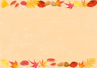 パステル風で、上下にイチョウや楓の葉やどんぐり・キノコなどの秋イメージを飾った背景素材