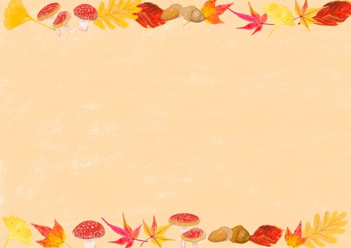 パステル風で、上下にイチョウや楓の葉やどんぐり・キノコなどの秋イメージを飾った背景素材