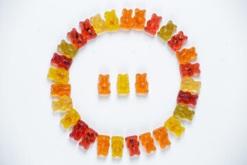 jelly candy. Fruit jelly bears in different flavors and colors. sweets lie like a circle. top view. copy space