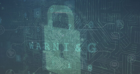 Image of data processing and padlock on blue background