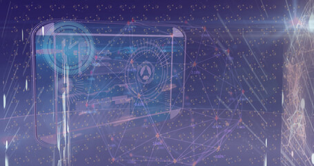 Image of network of connections with icons and data processing over blue background