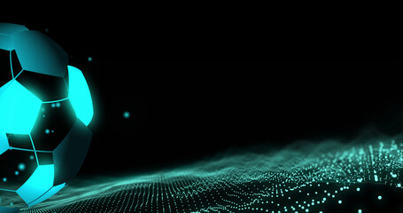 Image of digital football over blue spots on black background