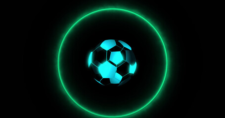 Image of digital football over neon circles on black background