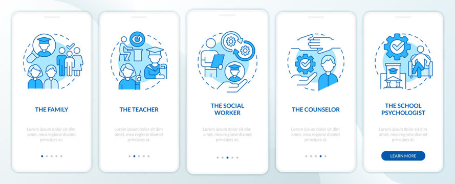 Asking about student mental health blue onboarding mobile app screen. Walkthrough 5 steps editable graphic instructions with linear concepts. UI, UX, GUI template. Myriad Pro-Bold, Regular fonts used