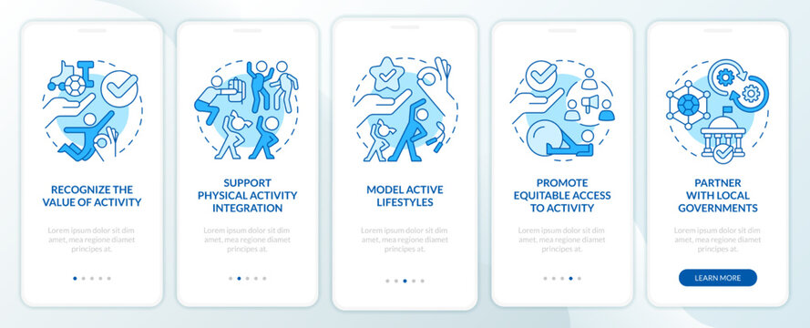 School leaders preparedness blue onboarding mobile app screen. Walkthrough 5 steps editable graphic instructions with linear concepts. UI, UX, GUI template. Myriad Pro-Bold, Regular fonts used