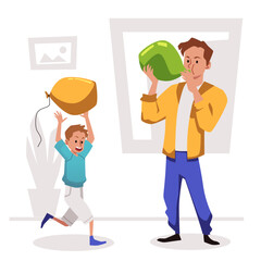 Young man blowing green balloon flat style, vector illustration