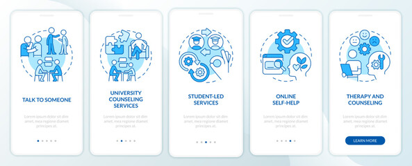 Help student with mental illness blue onboarding mobile app screen. Walkthrough 5 steps editable graphic instructions with linear concepts. UI, UX, GUI template. Myriad Pro-Bold, Regular fonts used