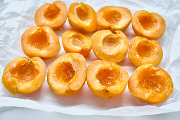 Fresh sweet apricots on a light background. Vegetable food. fresh vitamins. Organic eco product, farm. Without GMO