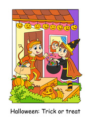 Halloween children exchange sweets vector colorful illustration