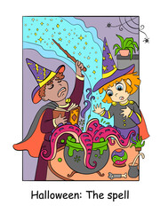 Halloween children cook a potion vector colorful illustration