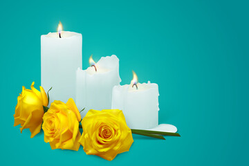 Realistic candles and yellow rosebuds on a blue background. Vector illustration