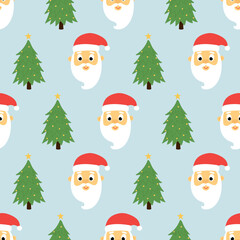 Seamless pattern of cute santa claus head and christmas tree on blue background. Background for Christmas design. 