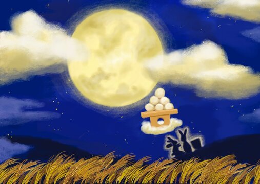 十五夜のお月様の中でウサギがお餅をついて出来たお団子を眺めながらお月見（横）