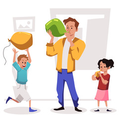 Family inflating balloons together, birthday party preparation, flat vector illustration isolated on white.