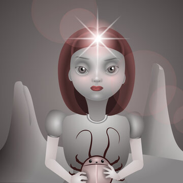 A mysterious girl with a beetle in her hands and a red light on her forehead. Gray and red tones. Vector illustration