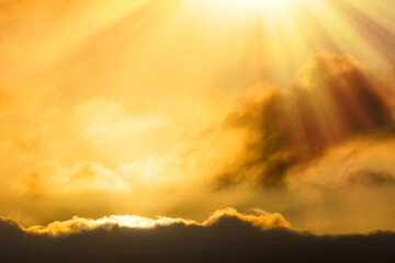 Naklejka na ściany i meble Heavenly light. Spritual sunbeam above clouds. Soft sky background image