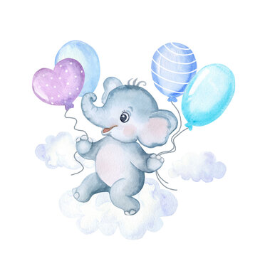 Baby elephant with balloons in the clouds isolated on a white background. Watercolor. Illustration. Invitation, children's kids party, postcard. Hand drawing. Greeting card design