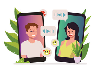 Relationship at a long distance and online date flat vector illustration isolated.