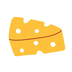 Piece of cheese icon, vector doodle illustration of yellow triangular cheese, product in supermarket and dairy store, isolated colored clipart on white background