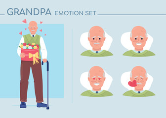 Old man falling in love semi flat color character emotions set. Editable facial expressions. Romance vector style illustration for motion graphic design and animation. Comfortaa font used