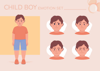 Ashamed little boy semi flat color character emotions set. Editable facial expressions. Shying child vector style illustration for motion graphic design and animation. Quicksand font used