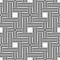 Seamless vector pattern. Black striped cross tiles, stripes, isolated on white background. Geometric wallpaper. Trellis motif. Black and white vector background.