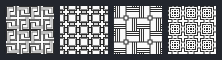 Set of four seamless vector patterns. Black square tiles on white backgrounds. Symmetric geometric wallpapers. Trellis motif. Ancient mosaic. Cross tiles. Black and white vector backgrounds.