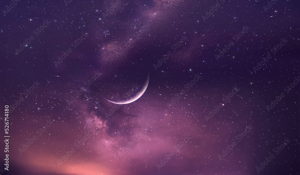 Wall mural purple blue starry sky and full moon sunset nebula comet meteor stars fall shower lilac pink reflect