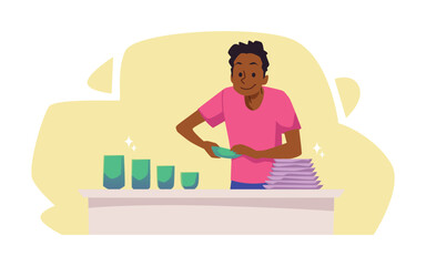 Perfectionist washing dishes obsessed with cleanliness flat vector isolated.