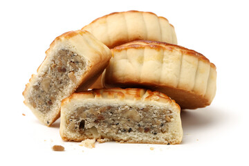 Mid-Autumn Festival moon cake on white background（Non-English texts translation :salt and pepper）