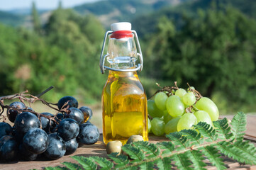 Olive oil and grapes on a wooden table in nature.