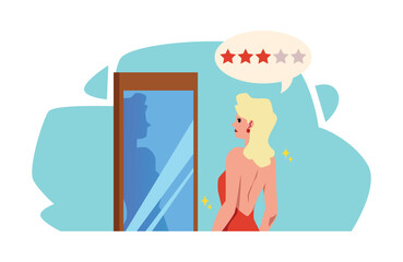 Dissatisfied woman evaluates reflection in mirror flat style