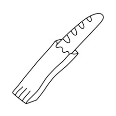 Baguette hand drawn icon, vector doodle illustration of French bread in paper bag, food for breakfast, bakery product, isolated outline clipart on white background