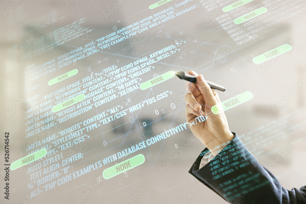 Poster man hand with pen working with abstract virtual coding illustration on blurred office background, so
