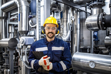 Portrait of petroleum refinery worker in safety work wear standing in front of pipes and looking to...