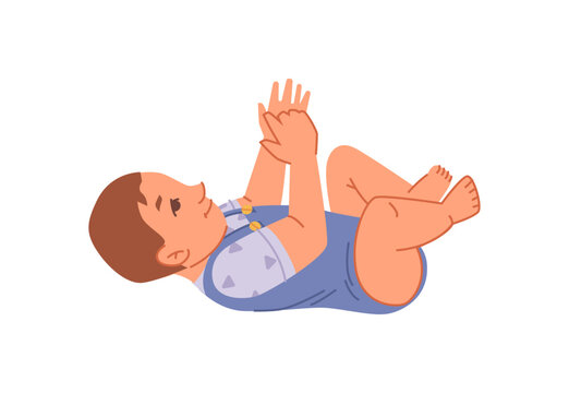 Small baby boy laying on its back and playing with hands and legs. Isolated toddler in jumpsuit, cute child growing. Vector in flat style, flat cartoon character
