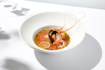 Traditional italian fish soup with shrimp, mussels and salmon. Seafood soup on white background. Tom yam kung with seafood. Spicy fish soup with prawns and lime on light background. Trendy food.