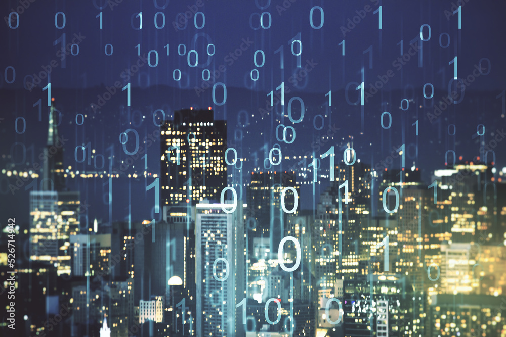 Leinwandbilder abstract virtual binary code illustration on san francisco skyline background. big data and coding c