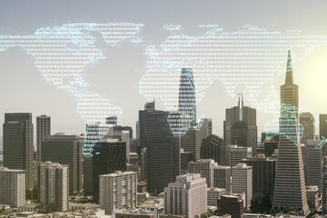 Multi exposure of abstract graphic world map on San Francisco cityscape background, big data and networking concept