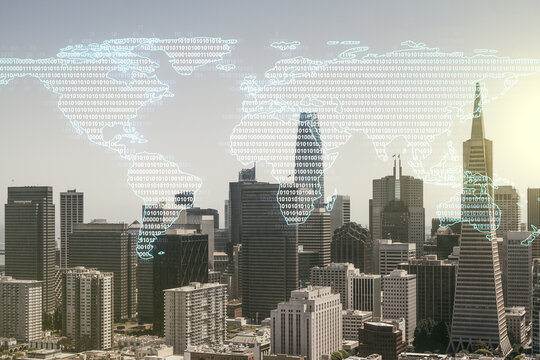Multi exposure of abstract graphic world map on San Francisco cityscape background, big data and networking concept