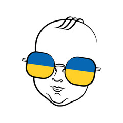 A kid in sunglasses with the Ukrainian flag on a white background