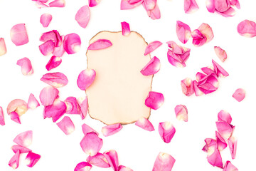 Rose flower petals on white background. Flowers composition. Valentine's Day, Mother's Day concept. Flat lay, top view, copy space